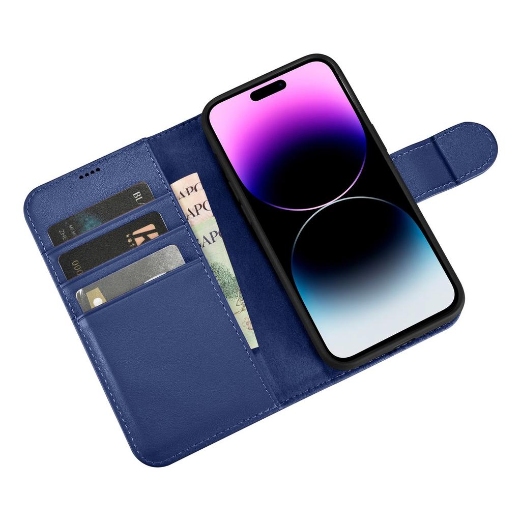 2in1 Leather Flip Case iPhone 14 Pro Anti-rfid Wallet Case Blue