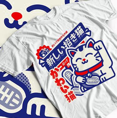Maneki Neko Cat Tshirt Street Pattern Shirt Mens and Womens Summer Cotton Loose and Fashionable Round Neck Short Sleeved Top