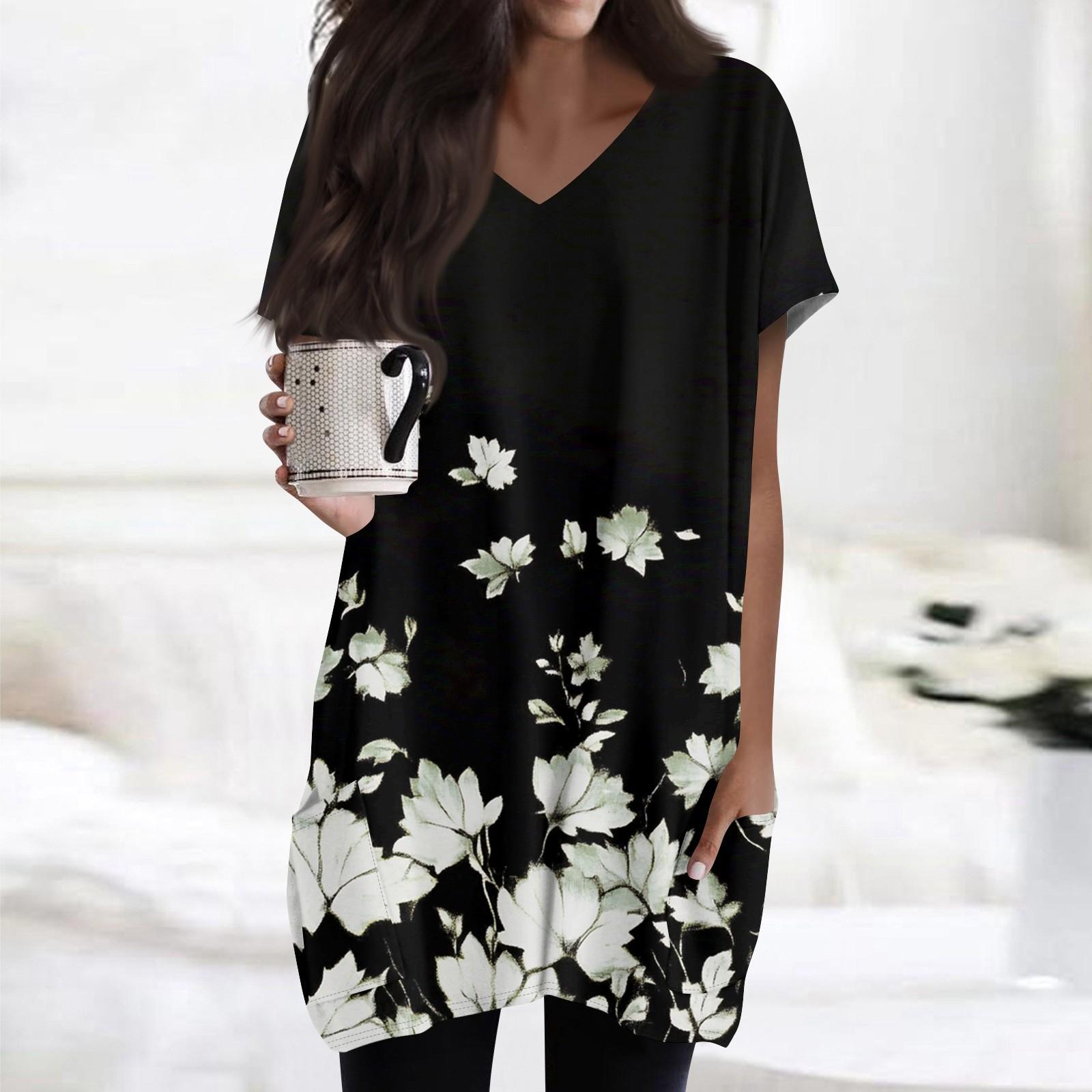 

Женские топы с V-образным вырезом, блузки с коротким рукавом, повседневные рубашки средней длины, модные туники с принтом и карманами XXL чёрный