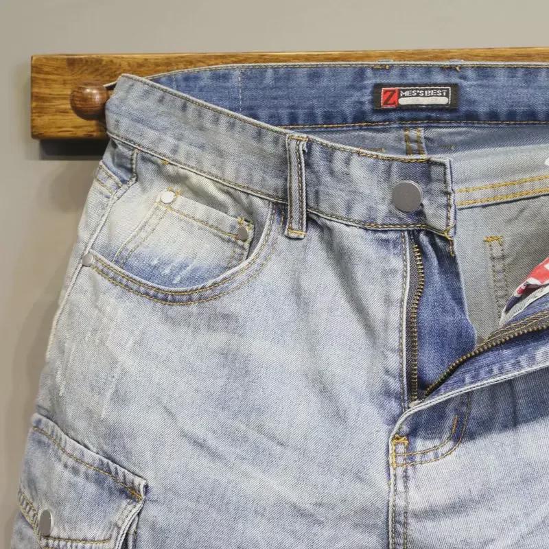 Men's Slim Light Blue Denim Workwear Shorts with Contrast Pockets