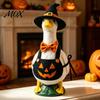 Whimsical Outdoor Decoration Halloween Mini Desk Goose Statue, Cute Small Figurine with Yard Art Pumpkin Apron And Wizard Hat for Home Office