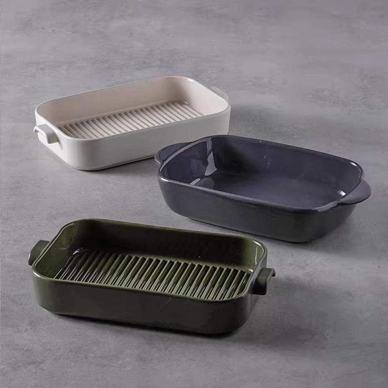 Household Ceramic Baking Plate Rectangular Oven Microwave Oven Special Cheese Baking Rice Plate Household Ears Baking Bowl