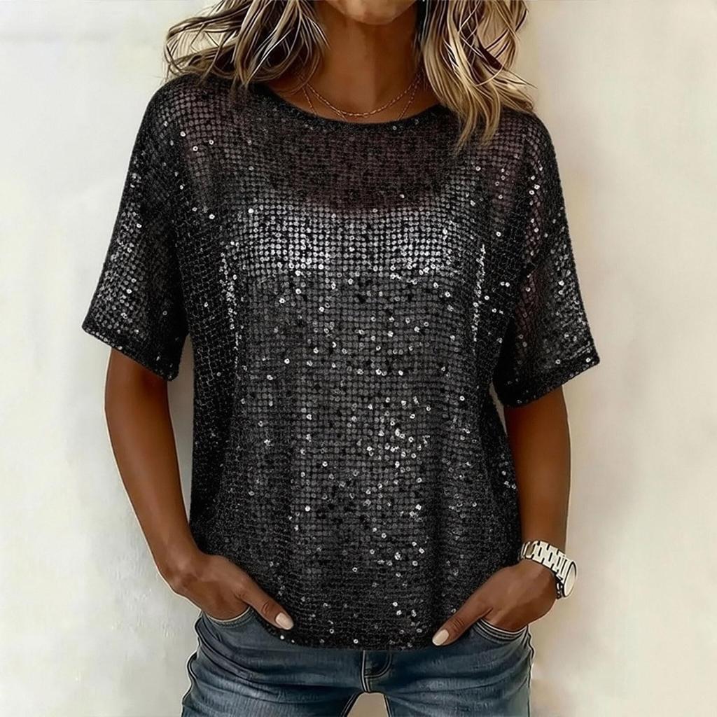 Damen Pailletten Tops Glitzer Blusen Rundhals Kurzarm Hemden