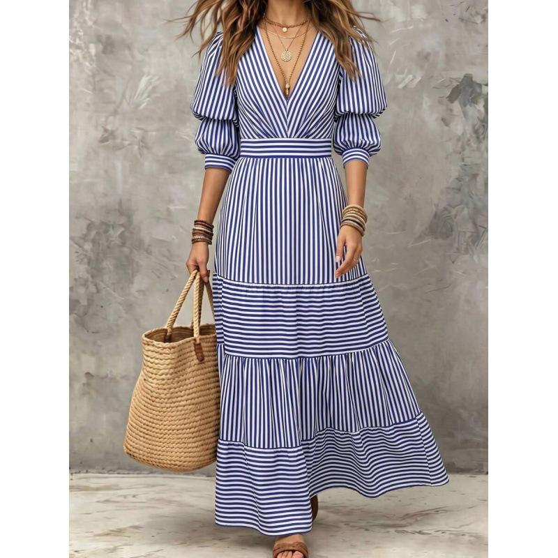 European summer new bohemian vacation style casual striped lantern sleeve V-neck dress S темно-синий