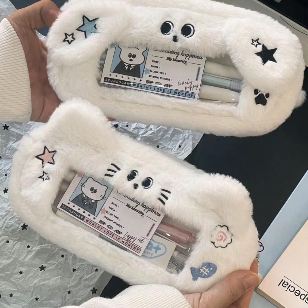 Kawaii Fluffy Plush Large Capacity Pen Case Cat Shape Pencil Bag With Visual Window Creative Cute Pencil Pouch For Office School