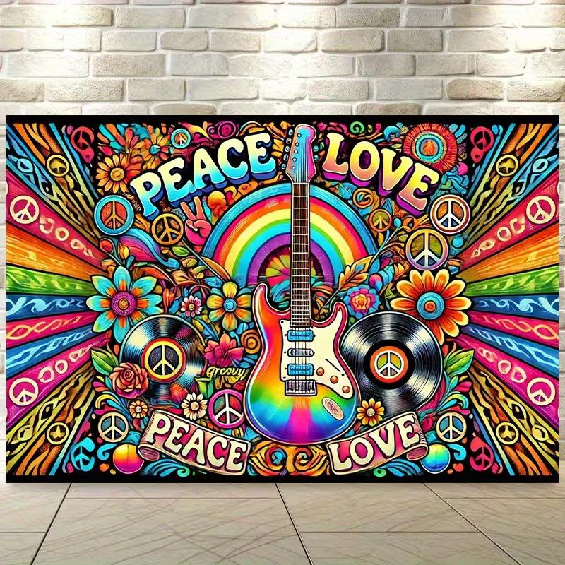Lebendiger Psychedelischer Peace Love Wandteppich, Hippie Musik Wanddekoration mit Gitarre & Regenbogen für Schlafzimmer