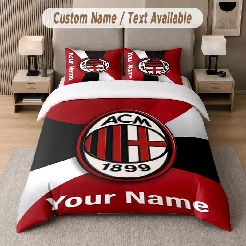 Set Biancheria da Letto Personalizzato Motivo AC Milan, Stampa Nome Testo 1 Copripiumino più 2 Federe Tessile per la Casa