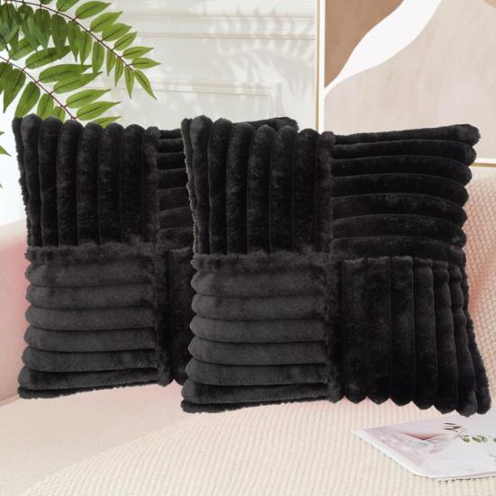 Plush Throw Pillow Cover 18x18 Inch Soft Faux Fur Striped Cushion Cover Machine Washable Fluffy Pillowcase for Sofa Living Room Bedroom Decor