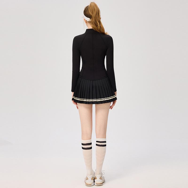 Women's Slim Fit College Style Tennis Set: Long Sleeve Top & Striped Pleated Skirt