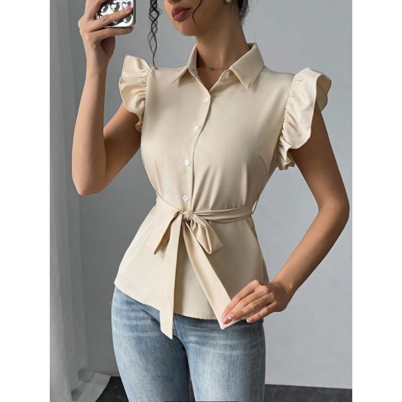 Womens Solid Color Sleeveless Blouse With Ruffle Trim V-Neck Tie Front Slim Fit Top Small