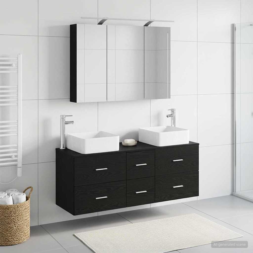 Bathroom Furniture Set 4 Pcs Black Oak Engineered Wood and Glass