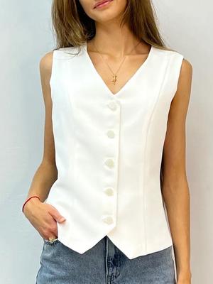 2025 Summer V-neck Vest: Women's Fashionable Buttoned Tank with Breathable Solid Color for Commuting - European & American Style