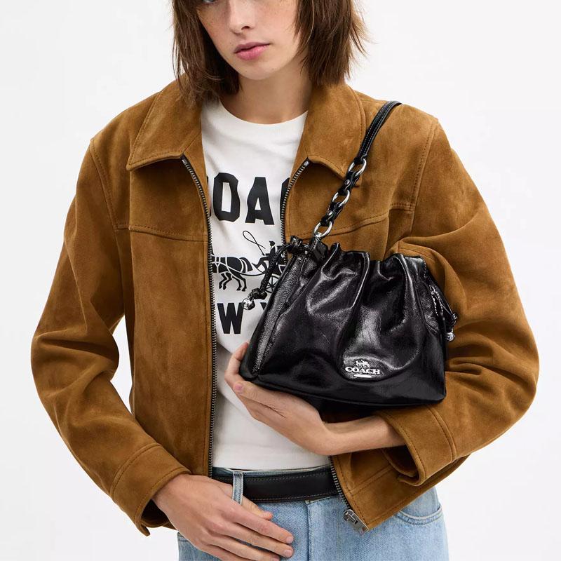Coach Faye 22 Drawstring Closure Shiny Wrinkled Leather Shoulder Bag Small Women's Black