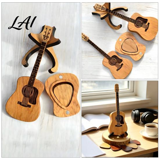 Musician Desk Decoration Guitar Pick Holder with Stand Wooden Plectrum Display Storage Box Miniature Shape Organizer for Lovers Portable