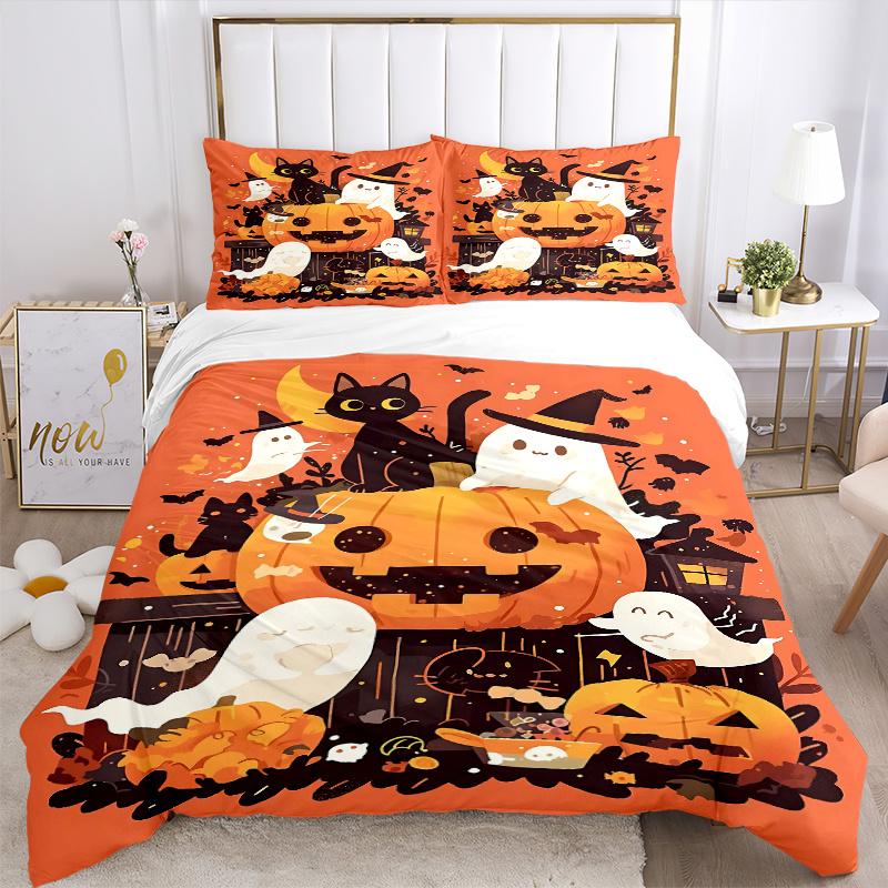 3pcs Cats & Ghosts & Pumpkins Halloween Quilt Cover Set (1 Quilt Cover + 2 Pillowcases Without Pillow Core), High-Definition Printing for Home an