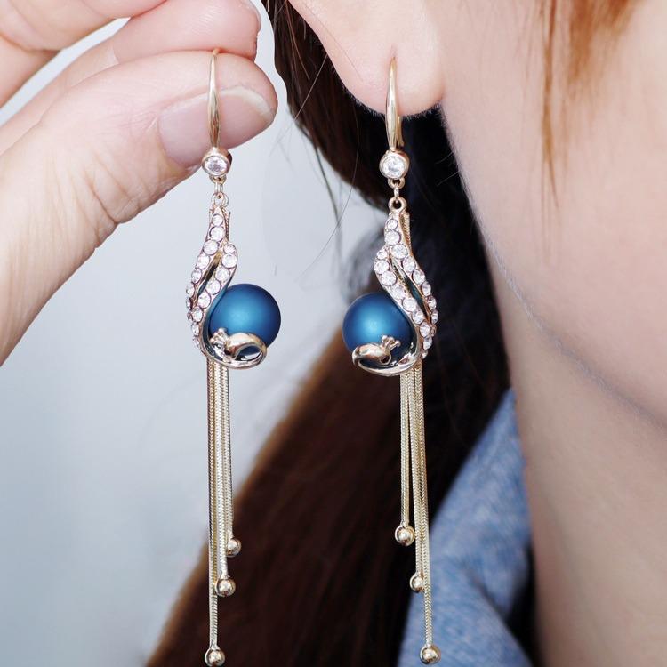 New Year Red Pearl Peacock Tassel Earrings: Phoenix Dance Long Drop Earrings for Women