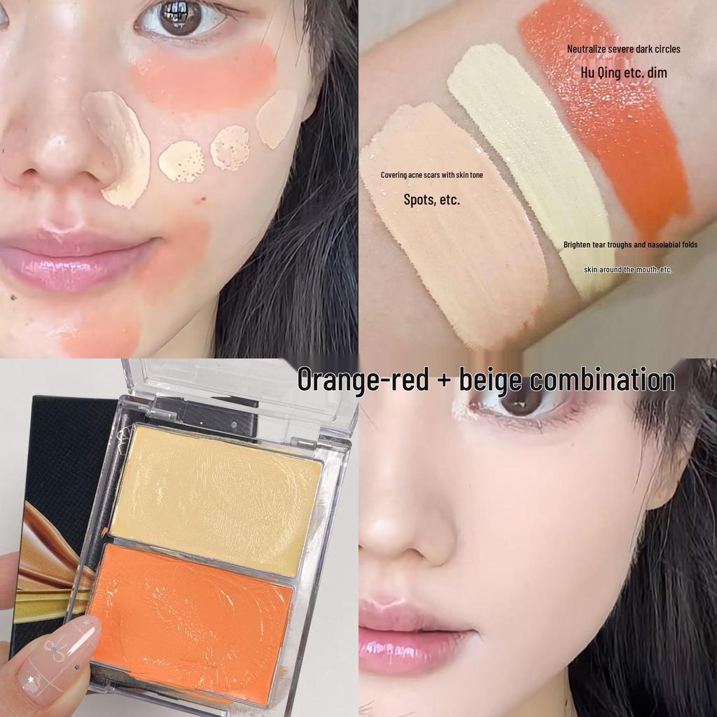 Dual-Tone Eye Bag Concealer: Orange for dark circles, yellow for tear troughs, nasolabial folds, and dull skin correction.