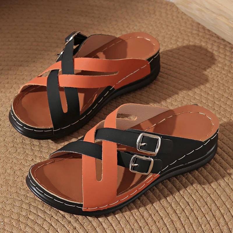 Fashion Mix Color Cross Strap Wedge Slippers Women Summer Non Slip Platform Sandals Woman Lightweight Soft Thick Sole Sandalias Mujer 43