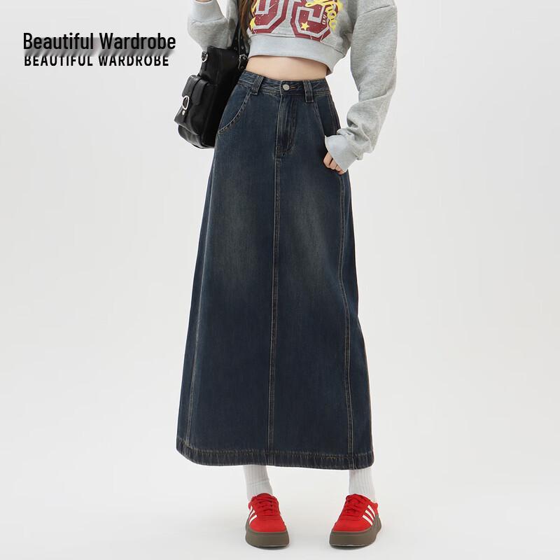 BEAUTIFUL WARDROBE Women's Retro High-Waisted Denim Midi Skirt