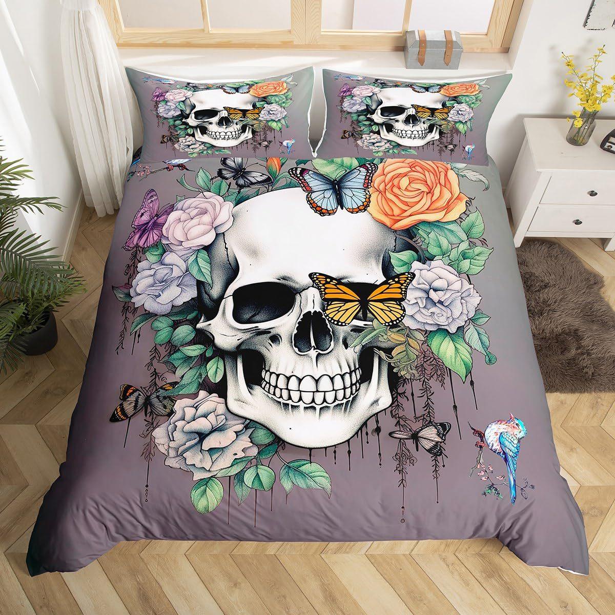 

Sugar Skull Duvet Cover Twin Size Mexican Flowers Leaves Butterfly Bedding Set Retro Jungle Botanical Plants Comforter Cover EU Single(135*200cm)3pcs