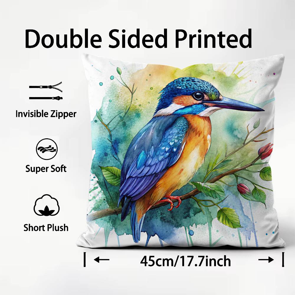 Kingfisher Watercolor Painting Pillow Case Comfort Sofa Bed Silky Elegant Invisible Zipper Custom Decorative Cushion Cover