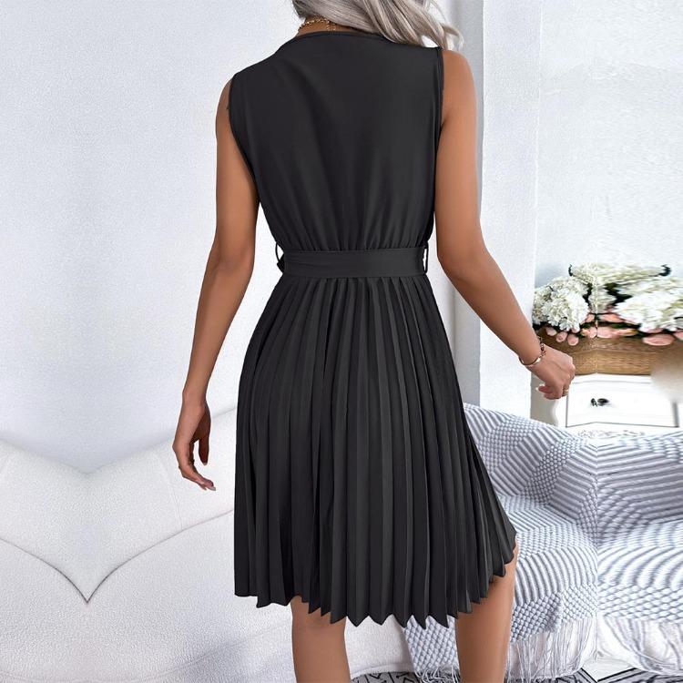 Abito Estivo da Donna Elegante a Vita Alta con Scollo a V Incrociato, Monocolore, Senza Maniche, Allacciatura, Moda, Temperamento, Primavera