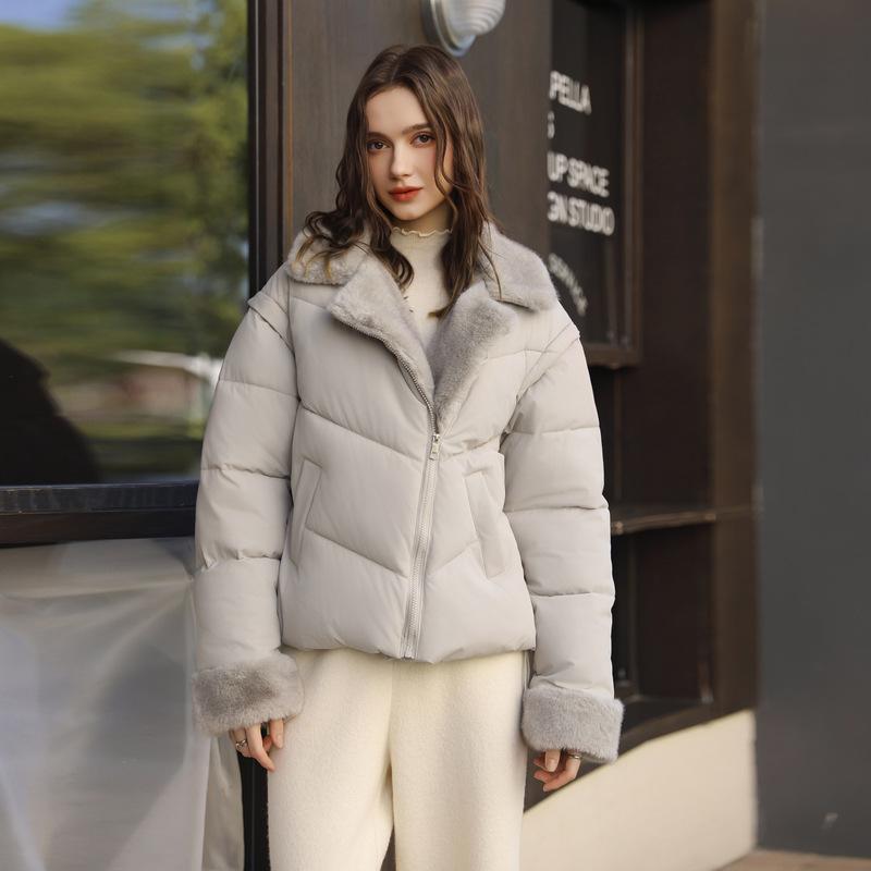 Short Imitation Mink Fur Lapel Cotton-padded Jacket with Detachable Sleeves