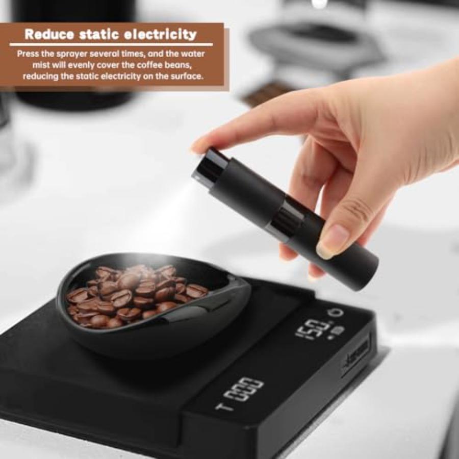 Ceramic Coffee Bean Dosing Cup Spray Bottle Spoon Set - Wood Espresso Accessories Kit with Static Reduction Spray Measuring Tra