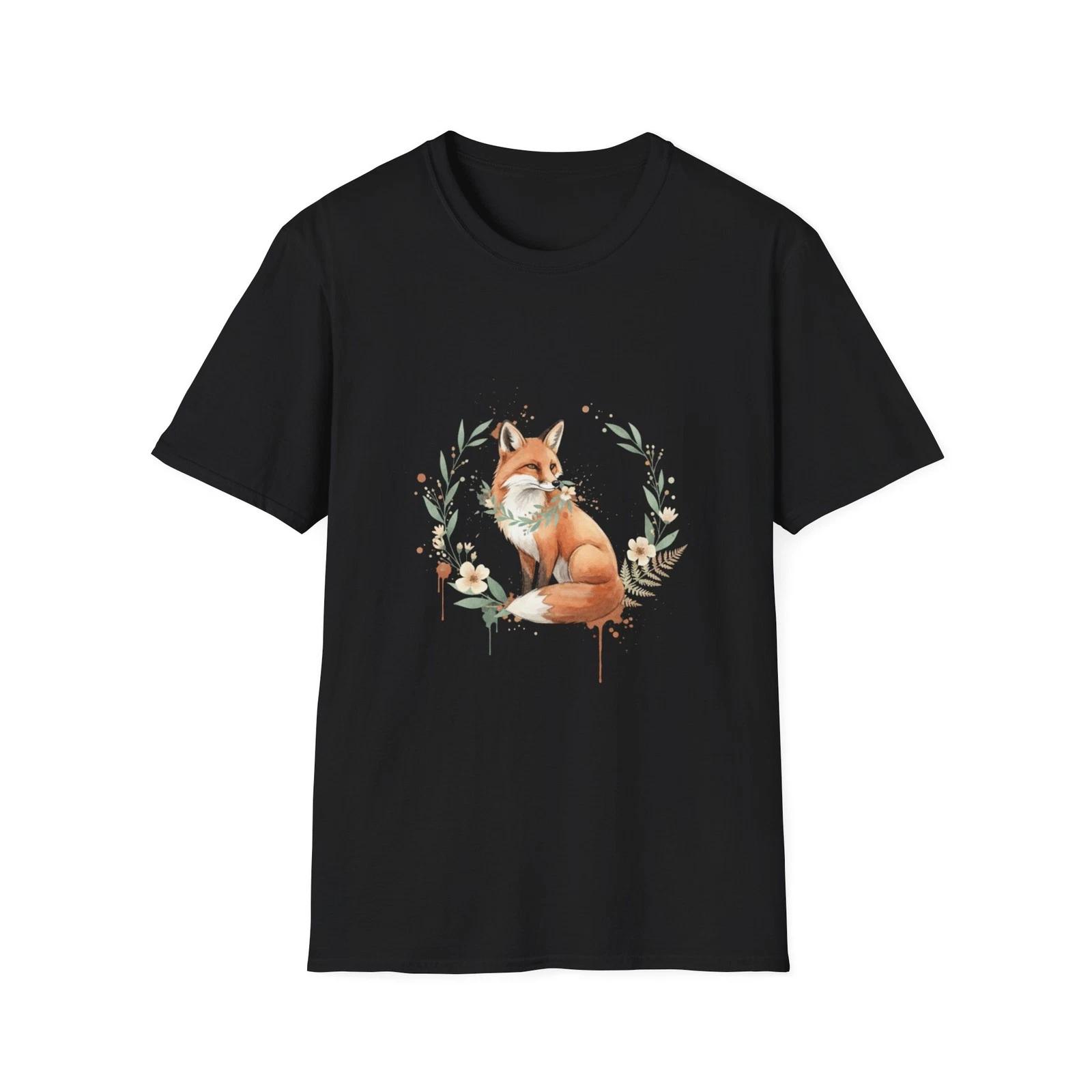 Fox Watercolor Floral Nature Black Tee Boho Aesthetic Graphic T-Shirt M
