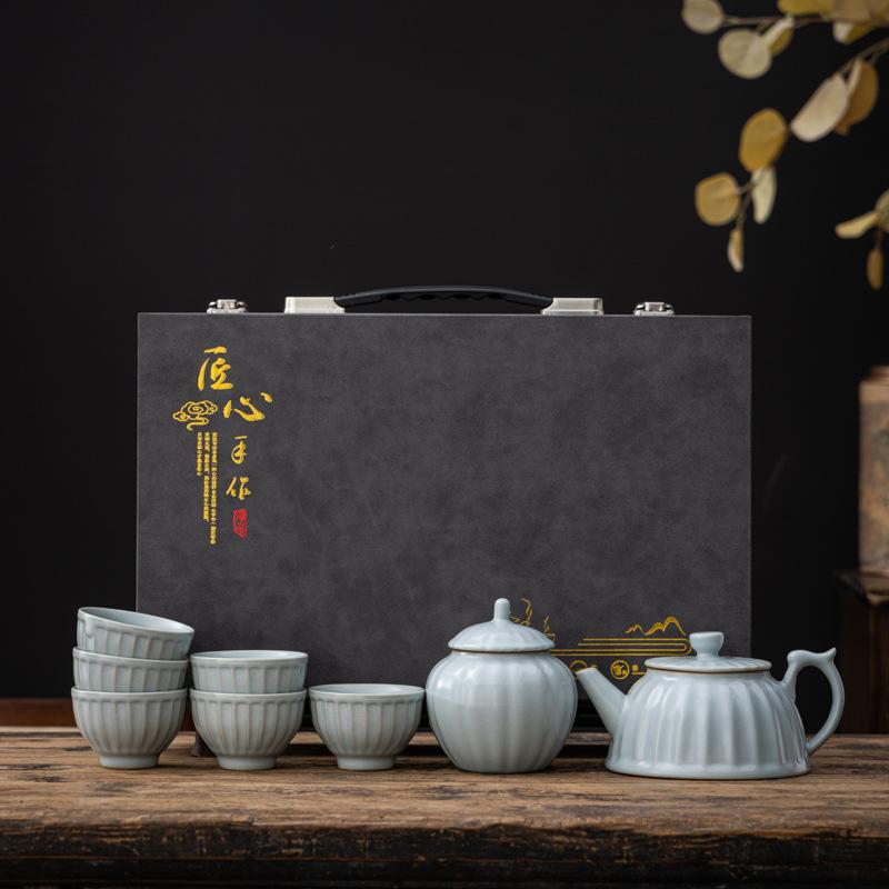 High-end Ru Kiln Kung Fu Tea Set, Open Film Can Be Raised, Household Teapot, Teacup Gift Box Gift