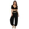 S-XXL Womens Belly Dance Outfit V Neck Short Sleeve Gold Trim Crop Top and Sequin Tassel Long Pants 2-piece Set for India Dance Folk Dance