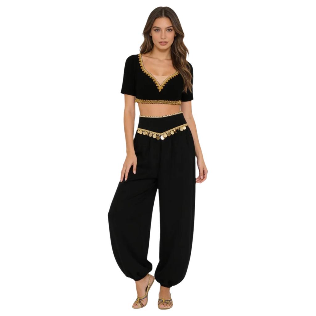 S-XXL Womens Belly Dance Outfit V Neck Short Sleeve Gold Trim Crop Top and Sequin Tassel Long Pants 2-piece Set for India Dance Folk Dance