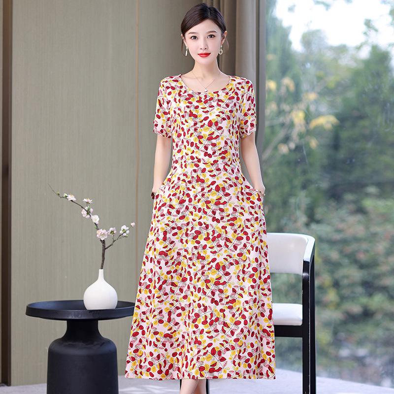 2023 Plus Size Floral Summer Cotton Dress for Middle-Aged Women