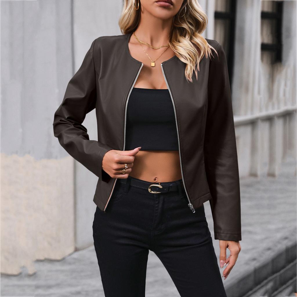 Women's Casual Long-Sleeved Solid Color PU Motorcycle Leather Jacket