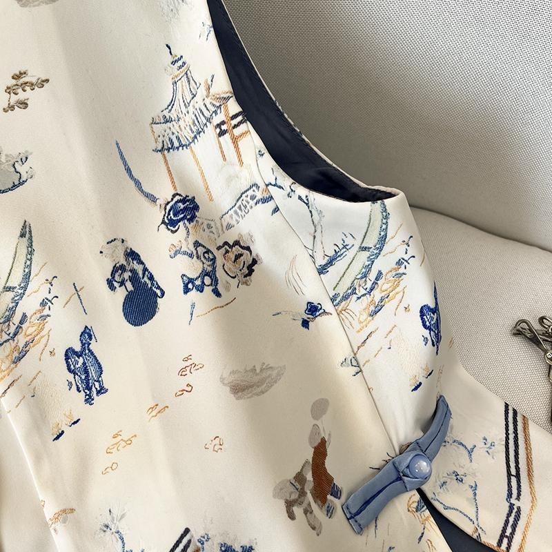 Embroidered button-down vest jacquard brocade weave gold cardigan top