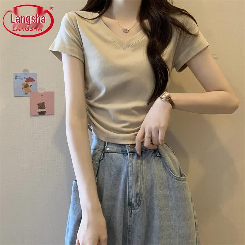Langsha Women s V-Neck Slim Fit Cropped T-Shirt 2XL