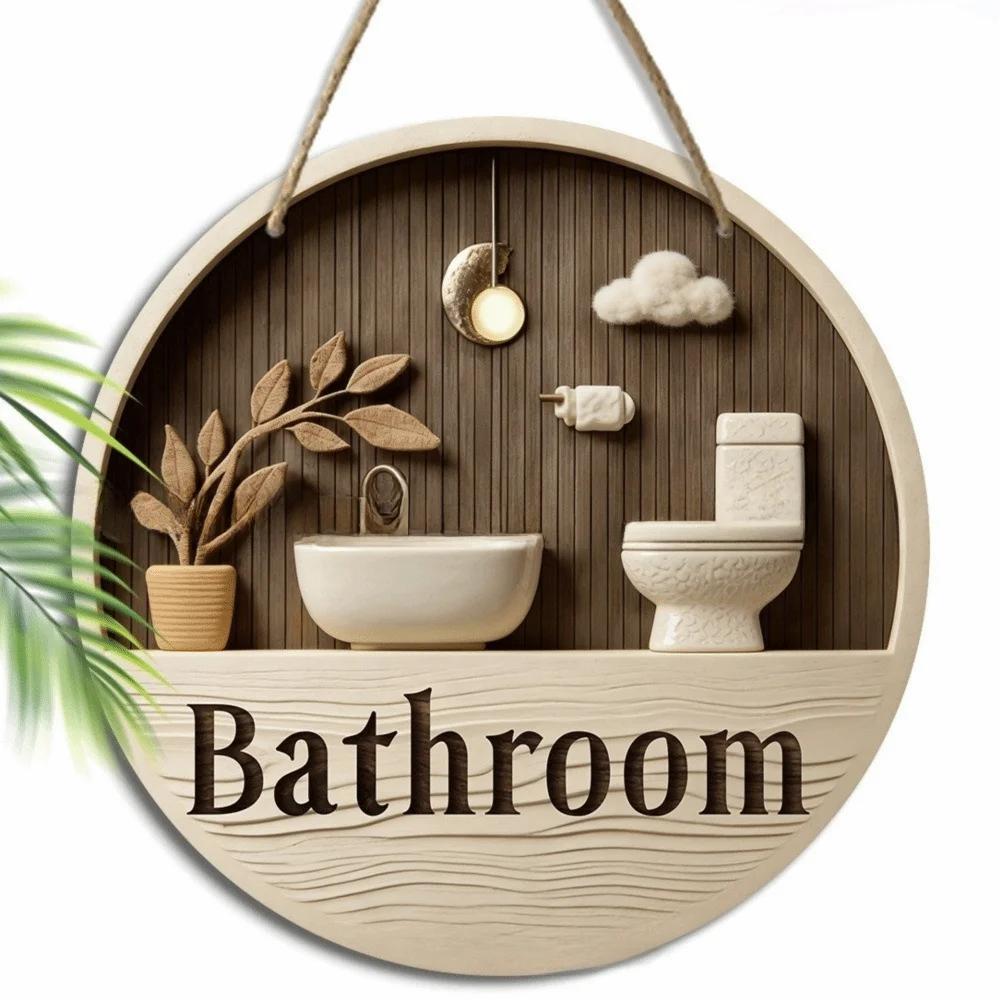 Easy to Install Wooden Bathroom Sign Plate 2D Flat Ornament Wall Art Sign Retro Hanging Circle Decorative Plaque Toilet