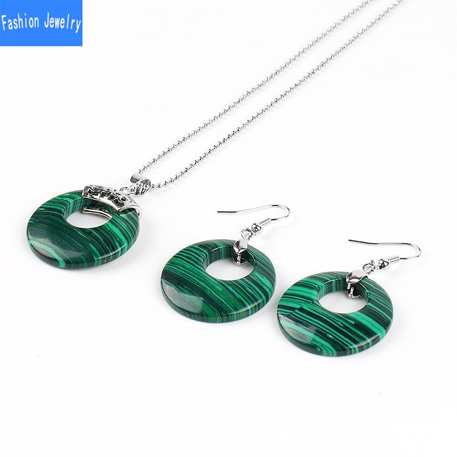 Damen Naturstein Hohl Konzentrisch Rund Set Blume Grün Weiß Kristall Tigerauge Stein Ohrring Halskette Set