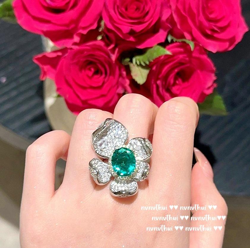 Macaron Watermelon Stone Emerald Ring, Plated 18K Gold, Emerald, Immortal Flower, Large Carat Zircon Ring