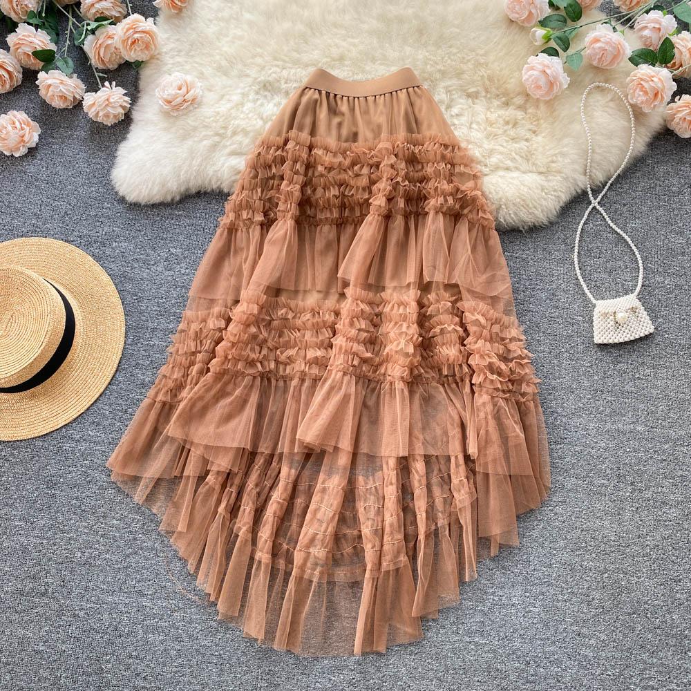 Gerüschter Feen-Temperament-Rock Frühling und Sommer Dünn und Lang Hohe Taille A-Linienform Mesh Unregelmäßiger Kuchenrock