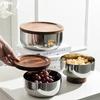 Wood Fruit Tray Three-layer Stainless Steel Bowl Household Light Luxury High Foot Nut Snacks End Table Storage Decoration