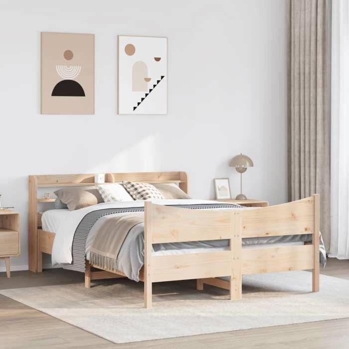 VidaXL Bed Frame with Headboard 135x190 Cm Solid Pine Wood, Slatted Base, Double Bed Frame, Wooden Bed Frame 3307059