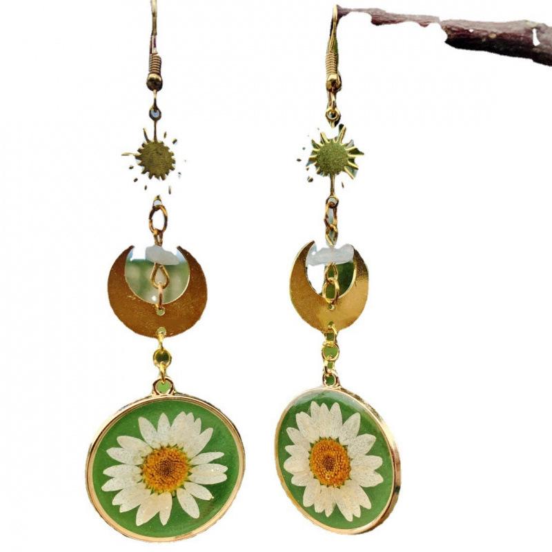 Crescent Earrings with Daisy-Embedded Quartz Crystals