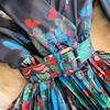 Spring Autumn Women Print Flower Runway Dresses V-neck Big Swing Long Maxi Pleated Holiday Party Dress With Belt