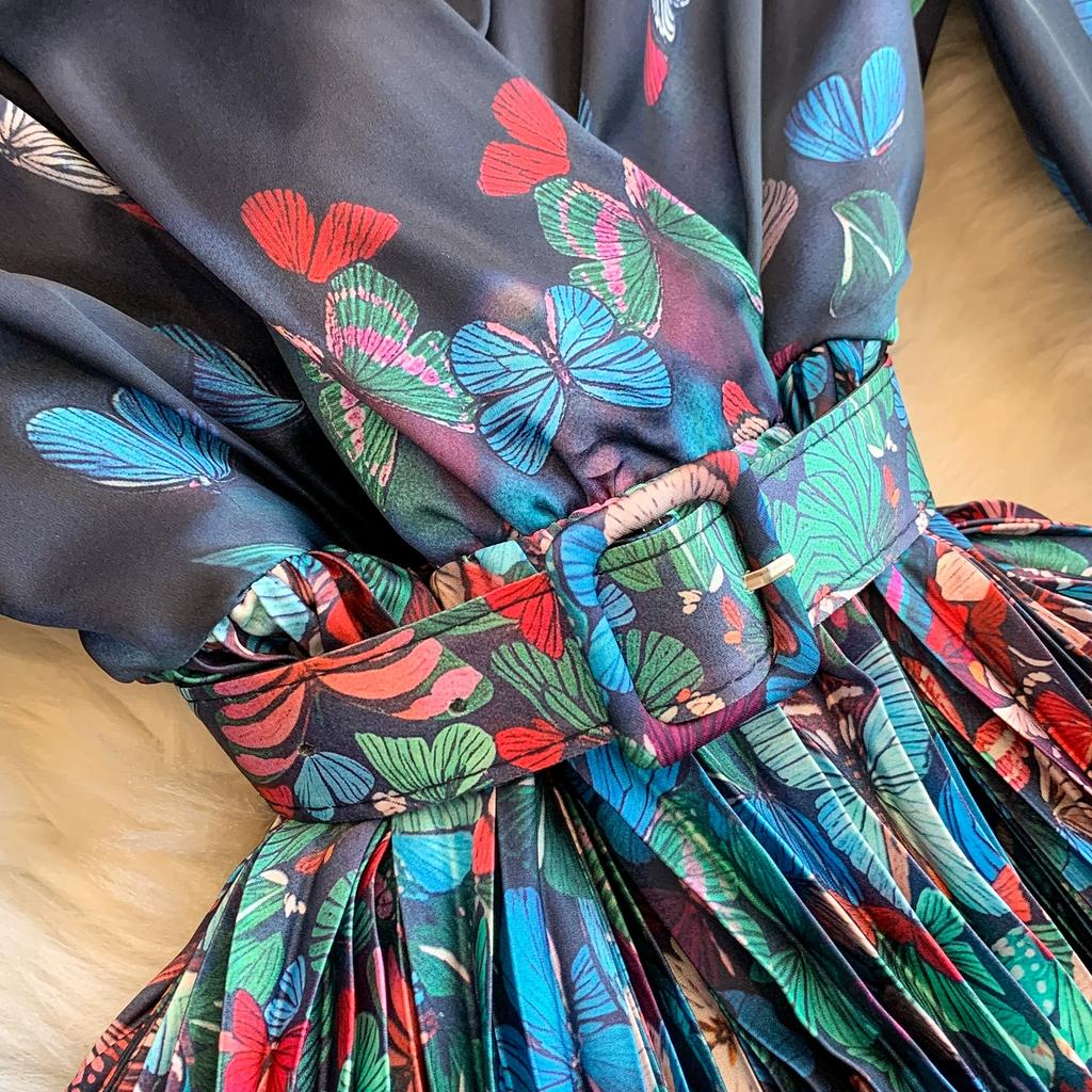 Spring Autumn Women Print Flower Runway Dresses V-neck Big Swing Long Maxi Pleated Holiday Party Dress With Belt