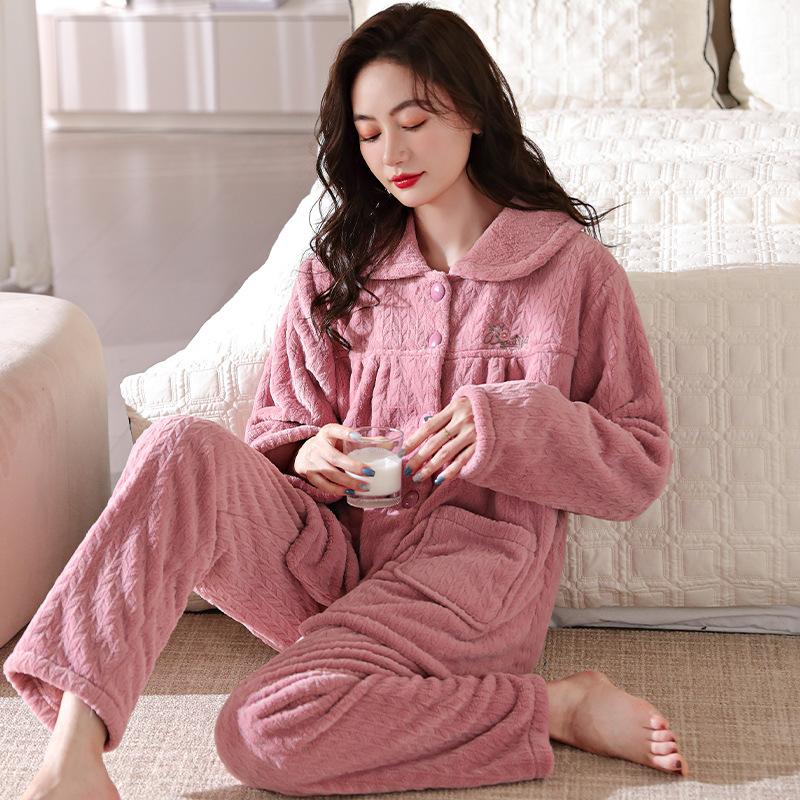 Coral Fleece Pajamas Women'S Winter Thickened Fleece Large Size Middle-Aged And Elderly Mothers Autumn And Winter Flannel Loungewear Set