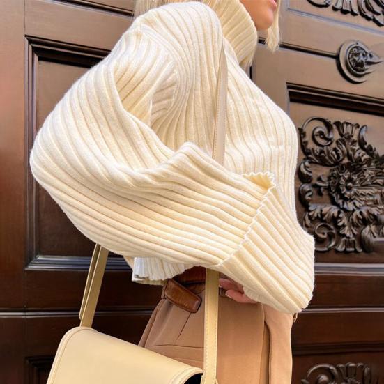 Women Sweater High Collar Flared Long Sleeve Short Knitting Tops Solid Color Loose Fit Ribbed Casual Knitwear