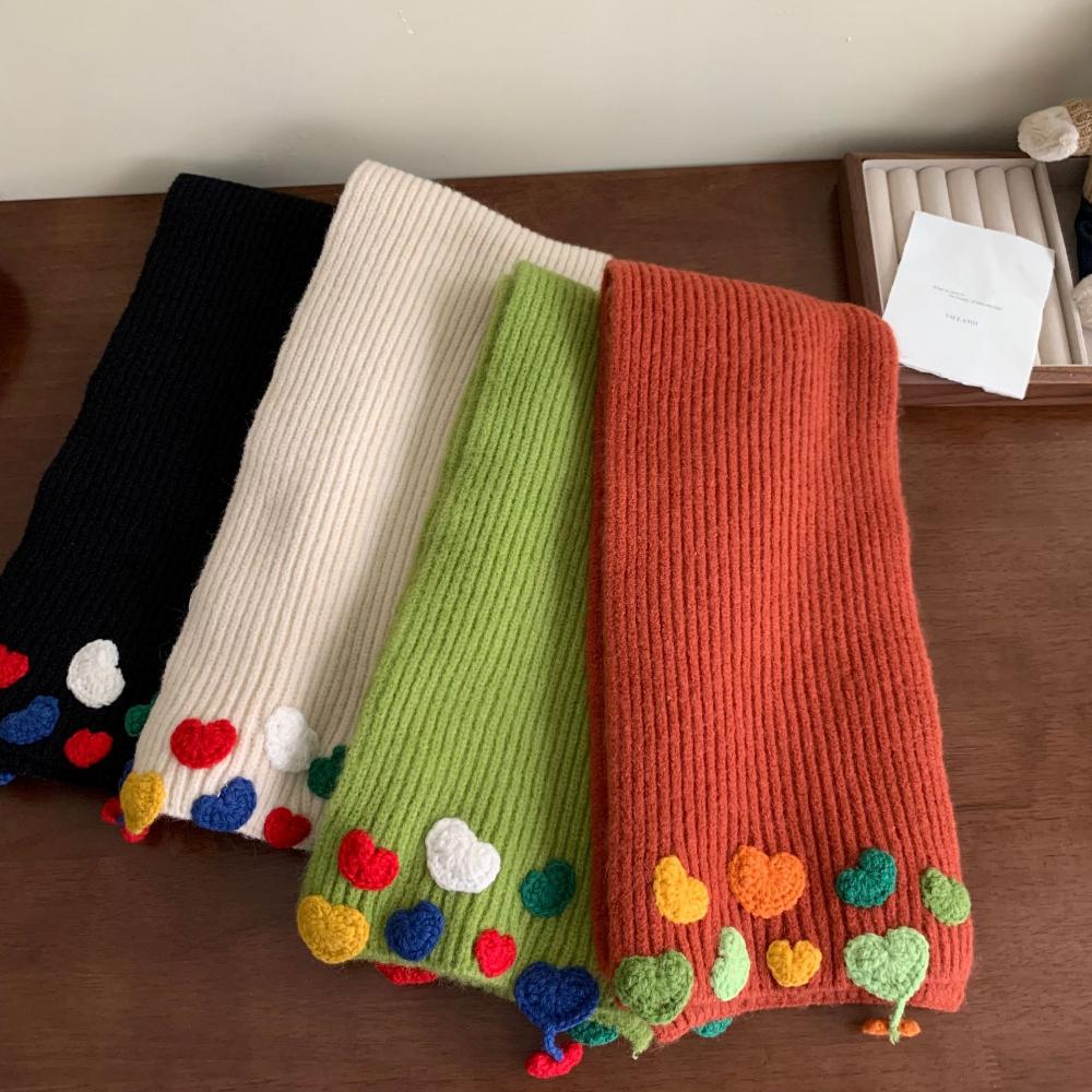 Candy Color Hand Knitted Scarf Women's Sweet Heart Embroidery Scarf Fashion Korean Student Warm Muffler Winter Versatile Shawl