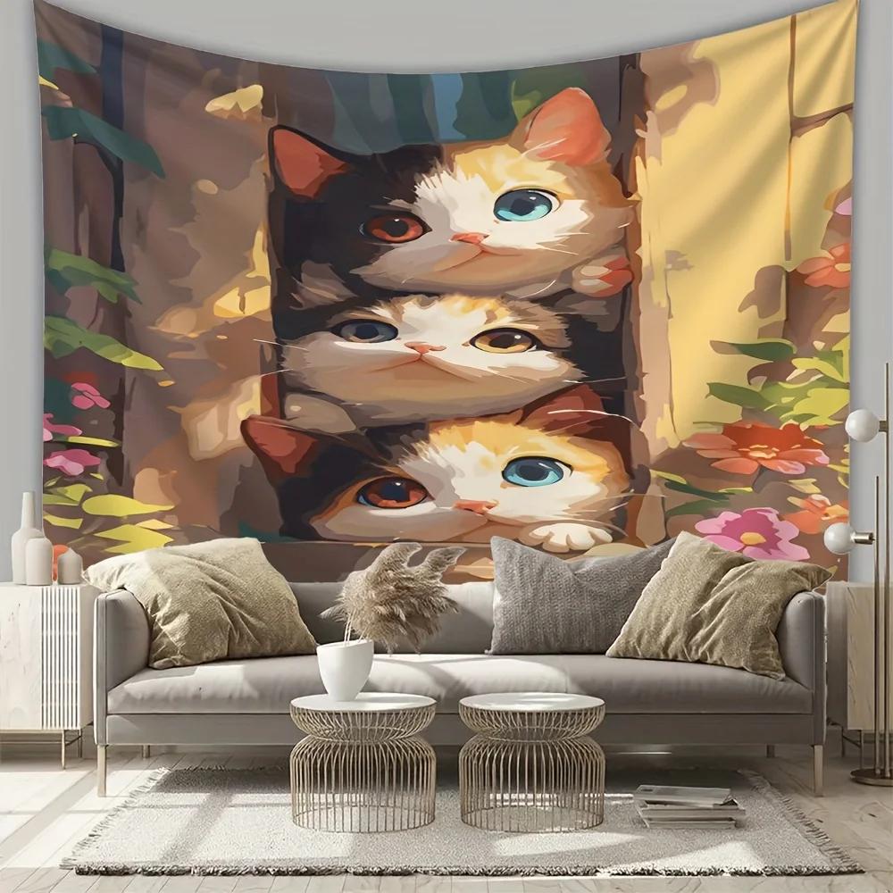 

VIKAMA Curious Cat Tapestry Peeking Kittens Wall Hanging Art Aesthetic Home Decor for Living Room Bedroom Office Bar 74x94cm(29x37in)