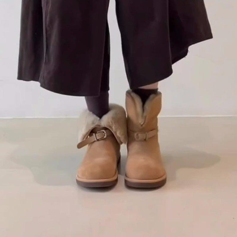 Retro Cuffed Snow Boots Women's New Winter Versatile Fleece Warm Belt Buckle Fluffy Cotton Shoes